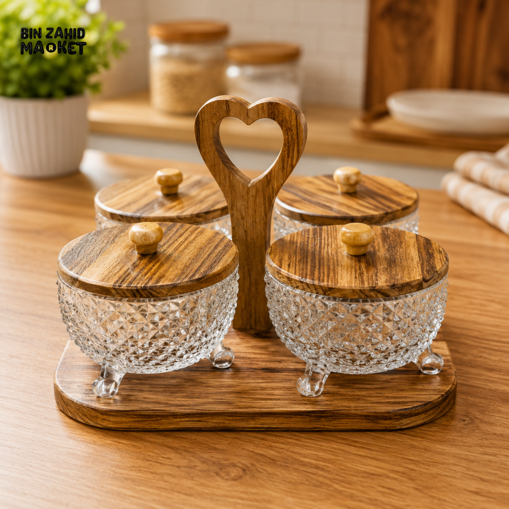4-PIECE GLASS CONDIMENT JAR SET WITH WOODEN STAND