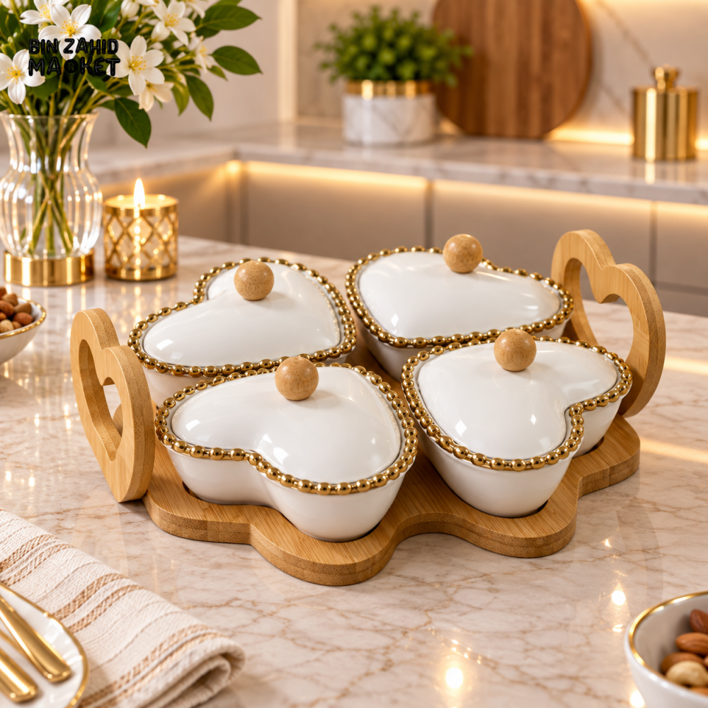 4-PIECE HEART SHAPE CERAMIC CONDIMENT JAR SET WITH BAMBOO TRAY