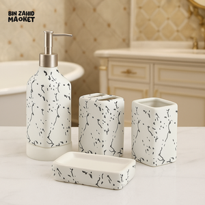 4-PIECE LUXURY CERAMIC BATHROOM ACCESSORY SET – MARBLE SPLASH DESIGN SOAP DISPENSER TOOTHBRUSH HOLDER TUMBLER & SOAP DISH - WHITE