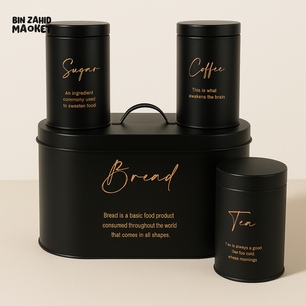 4-Piece Metal Bread Bin and Canister Set - Black