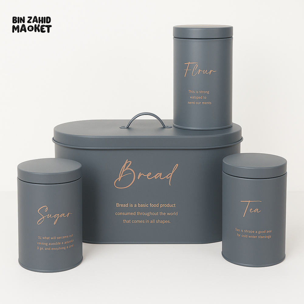 4-Piece Metal Bread Bin and Canister Set - Grey