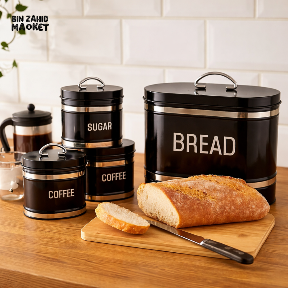 4-PIECE METAL BREAD BOX & KITCHEN CANISTER SET FOOD STORAGE ORGANIZER WITH SUGAR COFFEE & TEA CONTAINERS