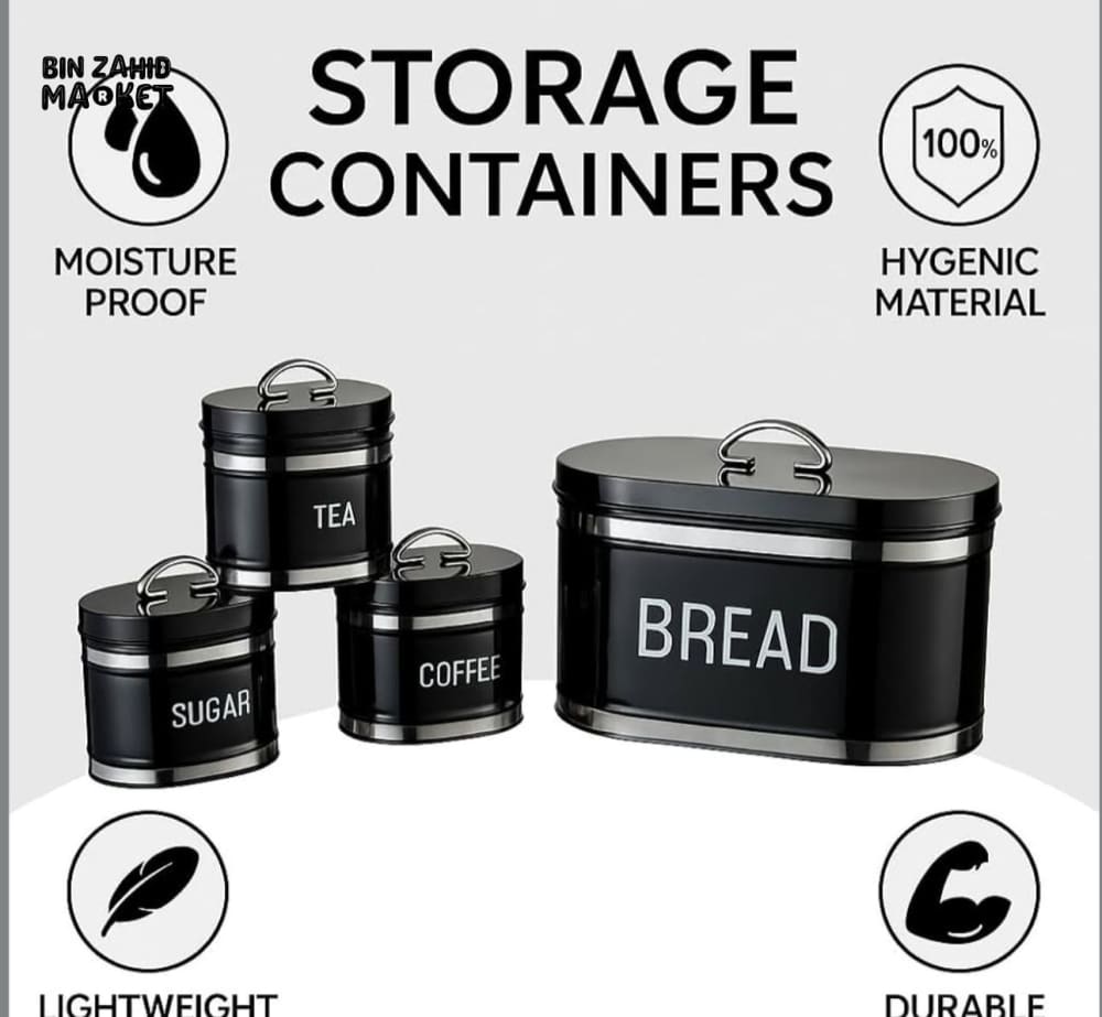 4-PIECE METAL BREAD BOX & KITCHEN CANISTER SET FOOD STORAGE ORGANIZER WITH SUGAR COFFEE & TEA CONTAINERS