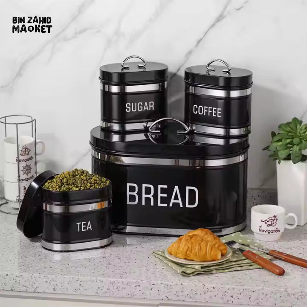 4-PIECE METAL BREAD BOX & KITCHEN CANISTER SET FOOD STORAGE ORGANIZER WITH SUGAR COFFEE & TEA CONTAINERS