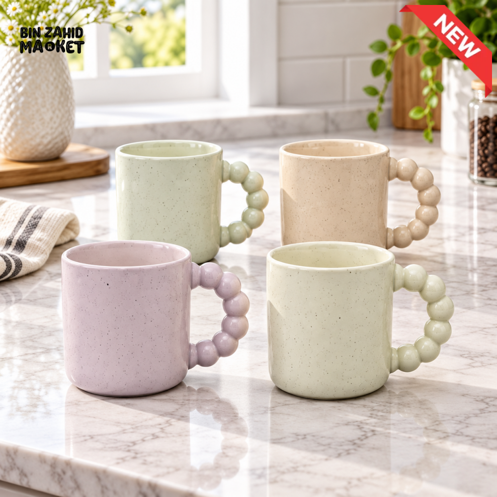 4-PIECE PASTEL CERAMIC COFFEE MUG SET WITH BUBBLE HANDLES