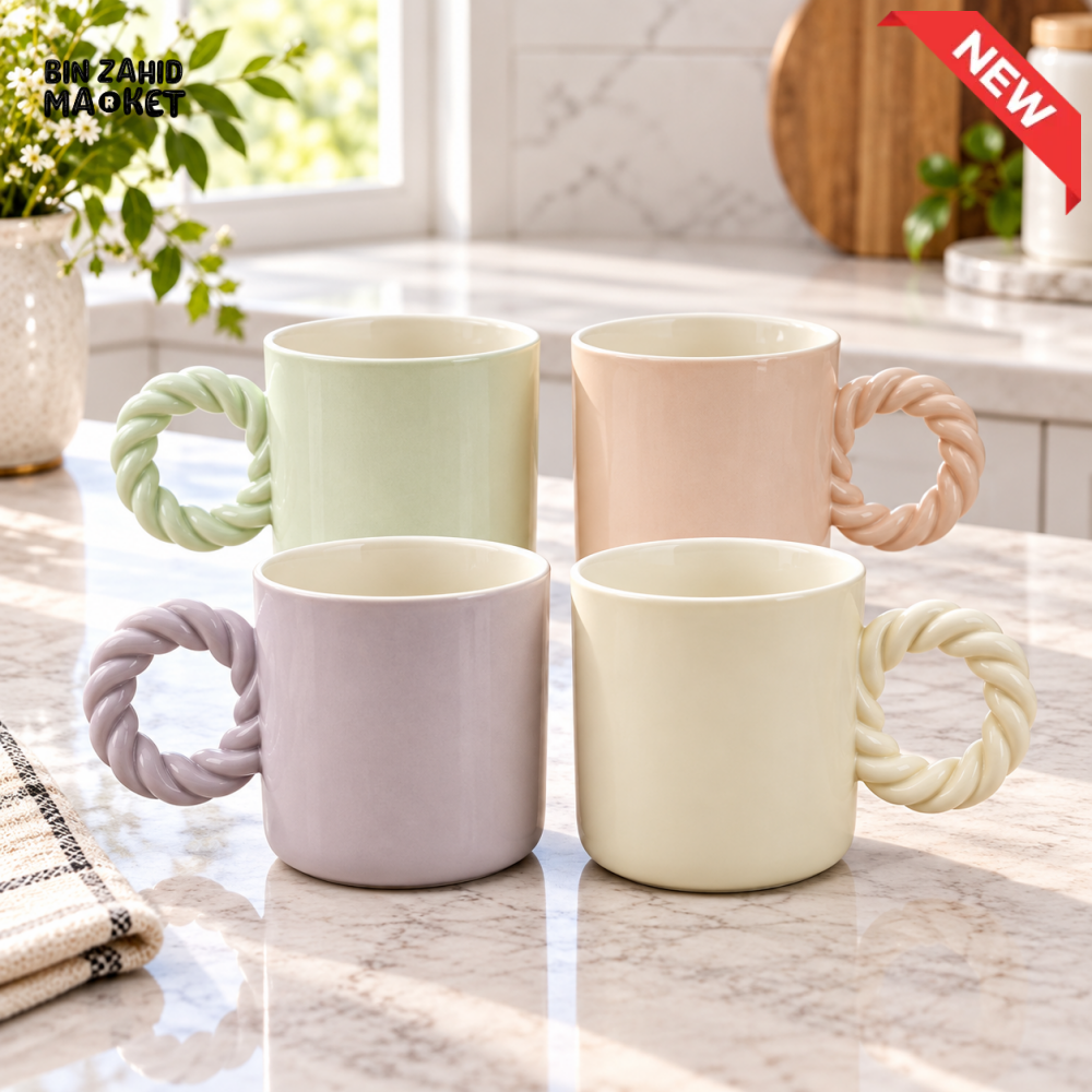4-PIECE PASTEL CERAMIC COFFEE MUG SET WITH TWISTED ROPE HANDLES