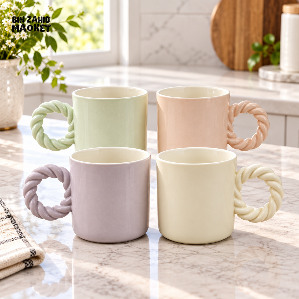4-PIECE PASTEL CERAMIC COFFEE MUG SET WITH TWISTED ROPE HANDLES