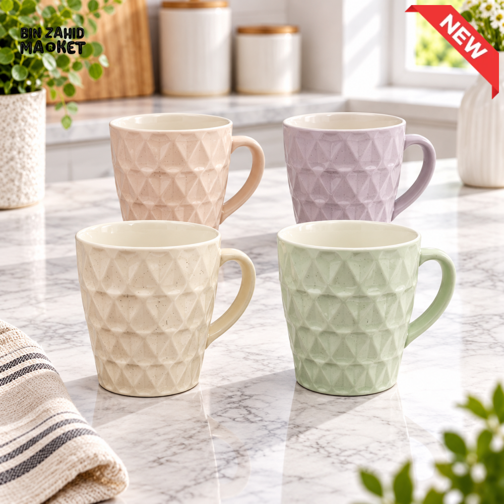 4-PIECE PASTEL DIAMOND TEXTURED CERAMIC COFFEE MUG SET