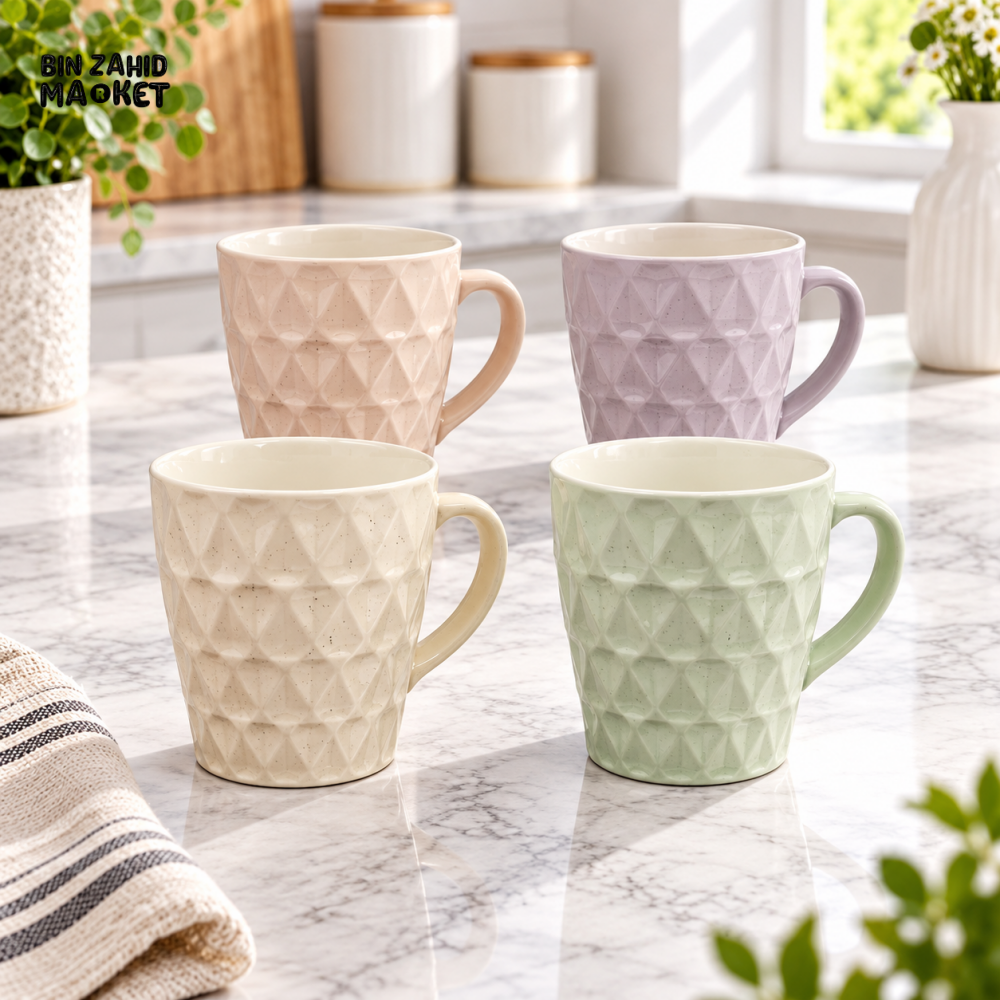 4-PIECE PASTEL DIAMOND TEXTURED CERAMIC COFFEE MUG SET