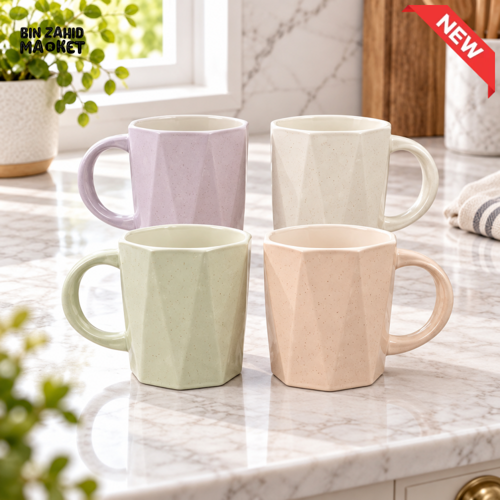 4-PIECE PASTEL FACETED CERAMIC COFFEE MUG SET