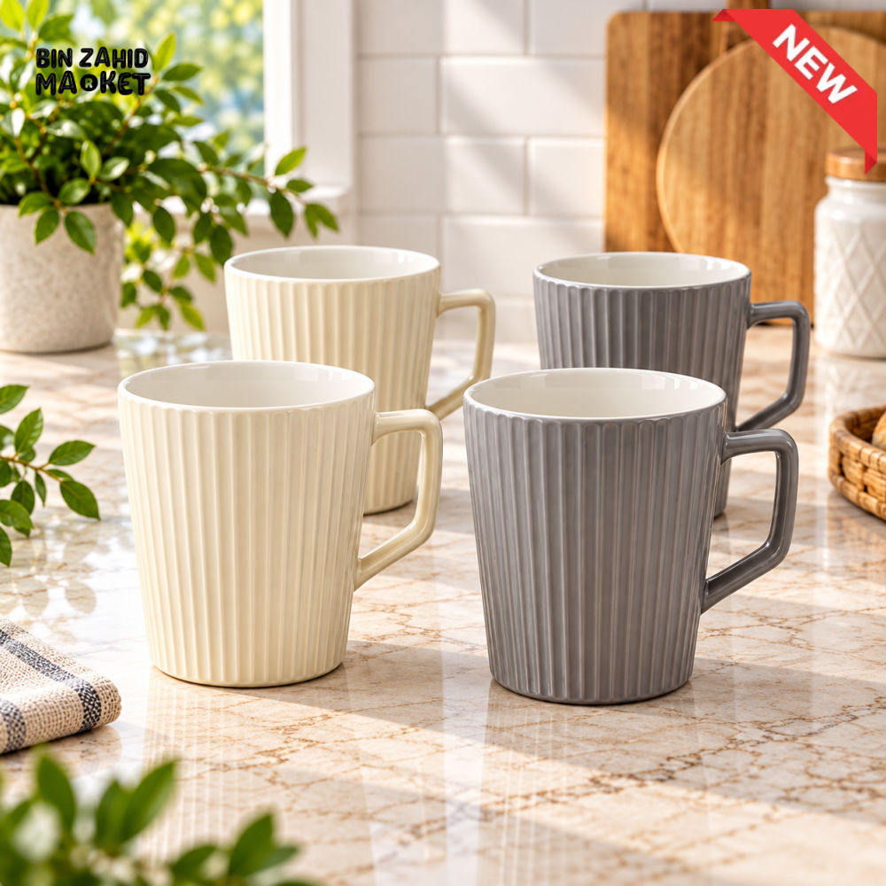 4-PIECE RIBBED CERAMIC COFFEE MUG SET – CREAM & GREY