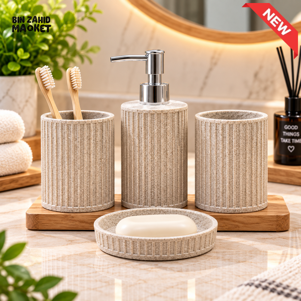 4-PIECE RIBBED STONE TEXTURED BATHROOM ACCESSORY SET WITH SOAP DISPENSER