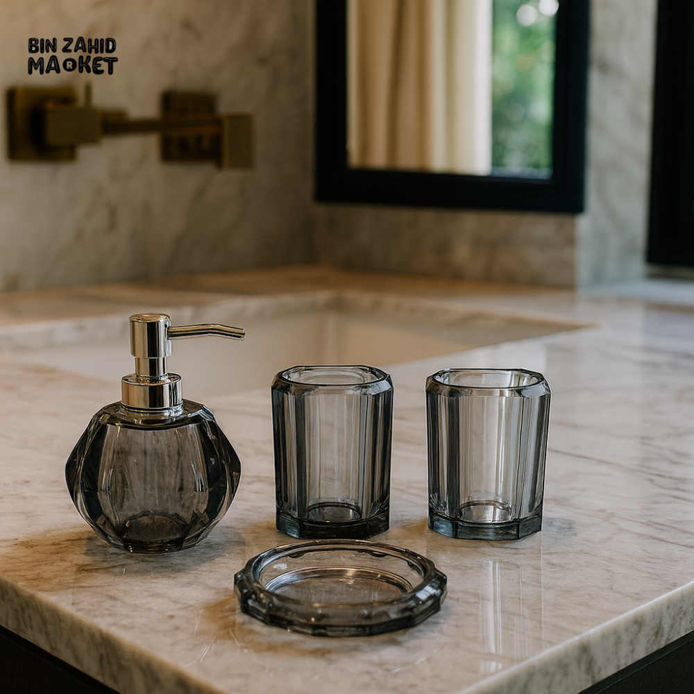 4 PIECE SMOKY GREY BATHROOM ACCESSORY SET – LUXURY VILLA WASHROOM COLLECTION F3108BT