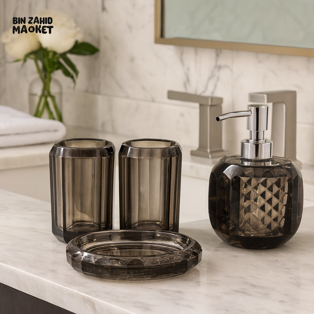 4 PIECE SMOKY GREY DIAMOND CUT BATHROOM ACCESSORY SET – LUXURY VILLA WASHROOM COLLECTION F4647BT