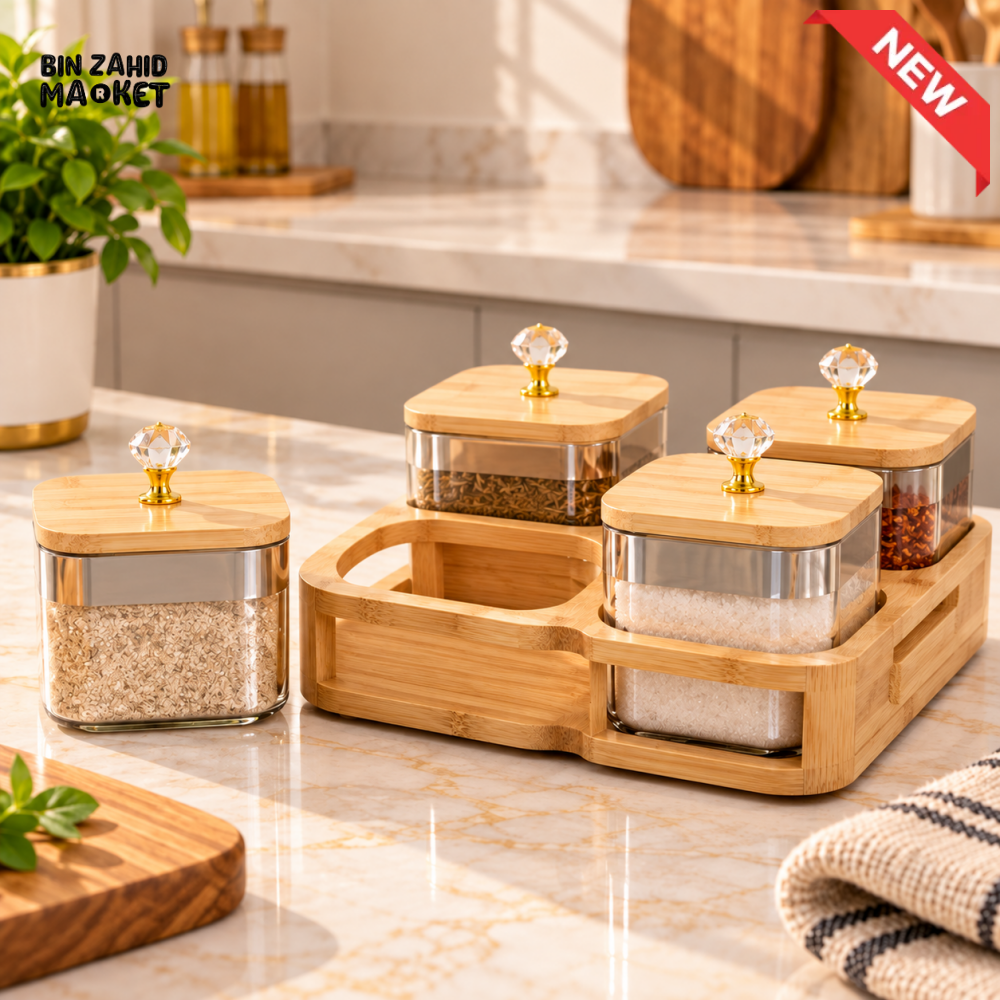 4-PIECE SQUARE SPICE JAR SET WITH BAMBOO STORAGE RACK - Storage Jars & Canisters