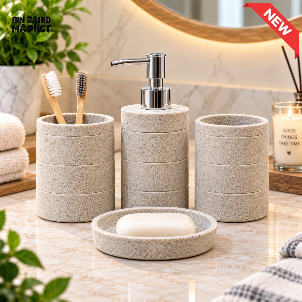 4-PIECE STONE TEXTURED BATHROOM ACCESSORY SET WITH SOAP DISPENSER