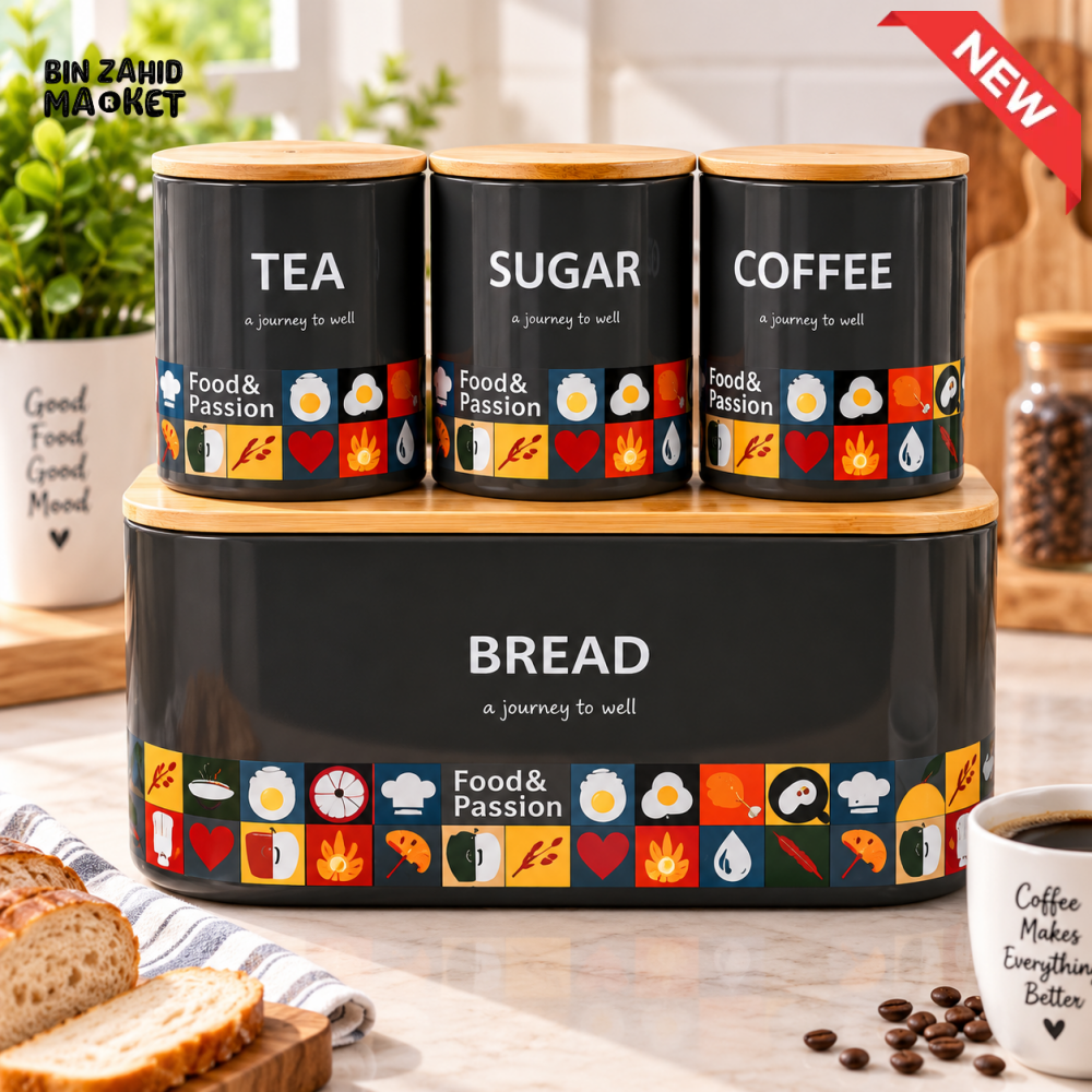 4-PIECE TEA SUGAR COFFEE CANISTER & BREAD STORAGE BOX SET WITH BAMBOO LIDS