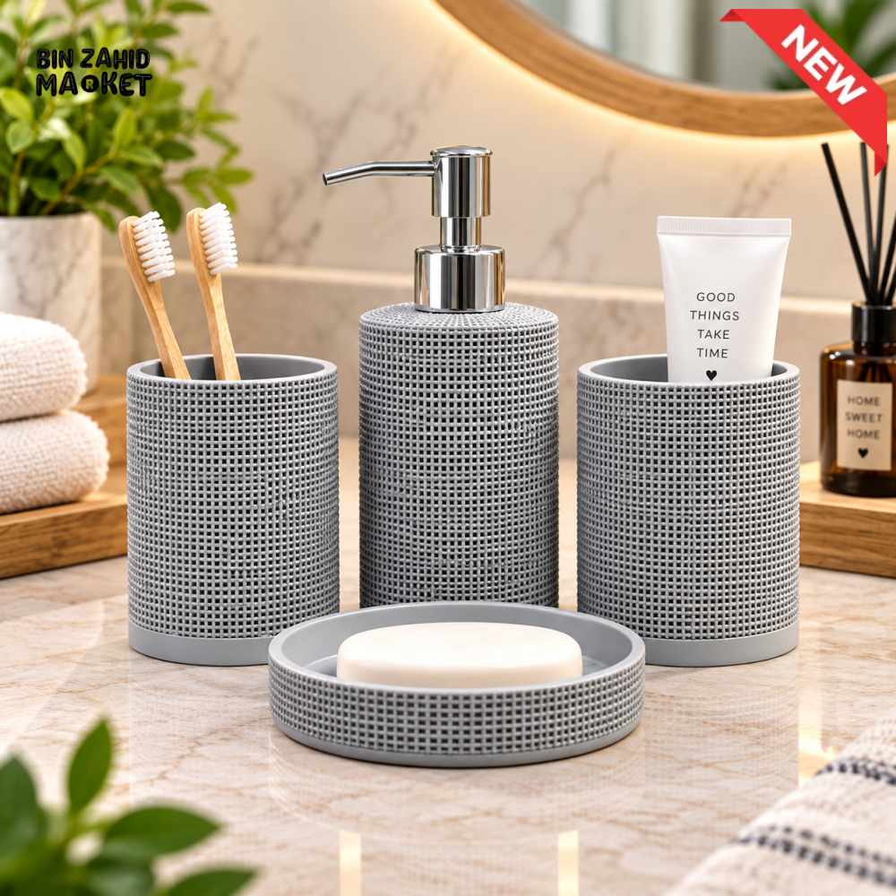 4-PIECE WOVEN TEXTURED BATHROOM ACCESSORY SET WITH SOAP DISPENSER