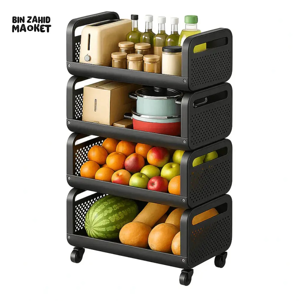 4 TIER BLACK METAL STORAGE RACK WITH WHEELS | KITCHEN & PANTRY ORGANIZER FOR FRUITS VEGETABLES & BOTTLES - LU-2