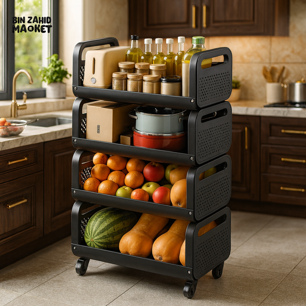 4 TIER BLACK METAL STORAGE RACK WITH WHEELS | KITCHEN & PANTRY ORGANIZER FOR FRUITS VEGETABLES & BOTTLES - LU-2