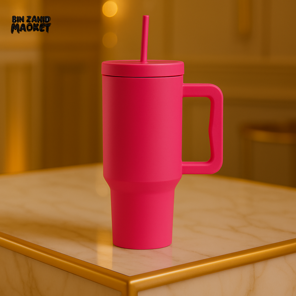 40OZ COLORFUL TUMBLER WITH HANDLE – LEAKPROOF INSULATED TRAVEL MUG - DARK PINK