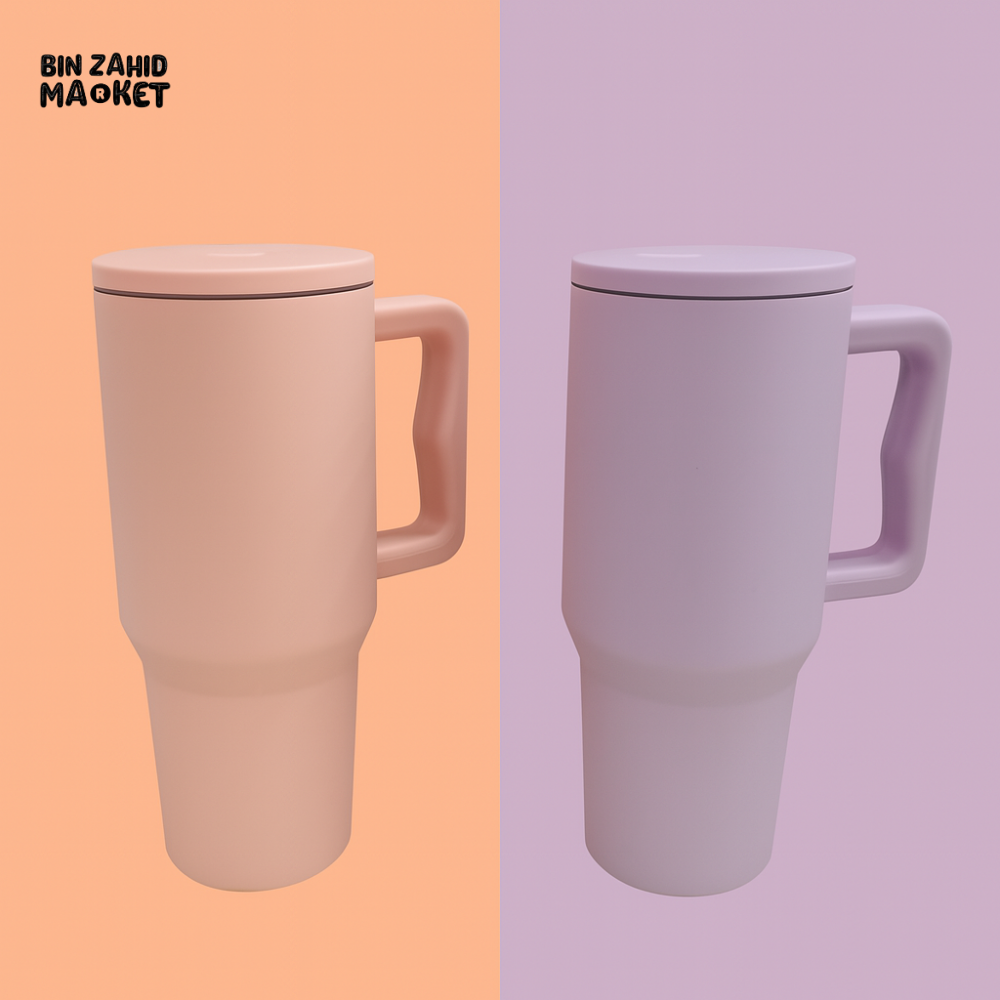 40OZ COLORFUL TUMBLER WITH HANDLE – LEAKPROOF INSULATED TRAVEL MUG - PASTEL PINK