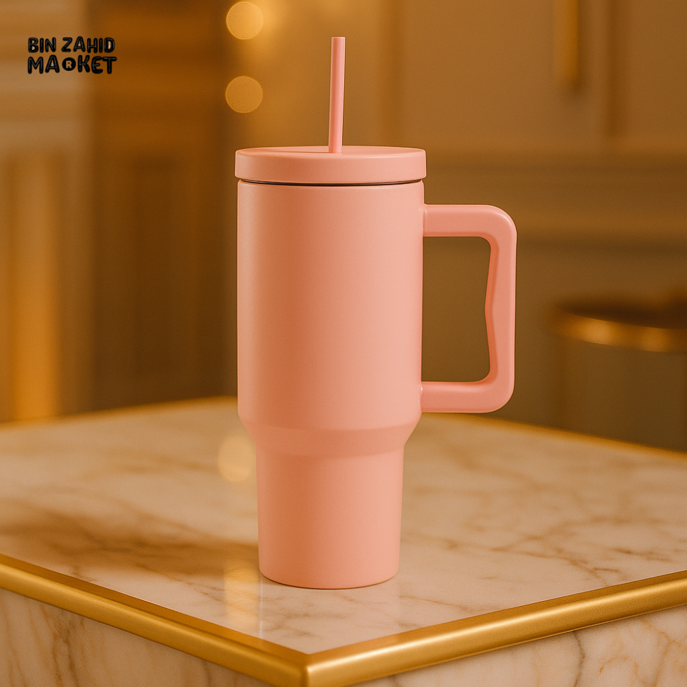40OZ COLORFUL TUMBLER WITH HANDLE – LEAKPROOF INSULATED TRAVEL MUG - PASTEL PINK