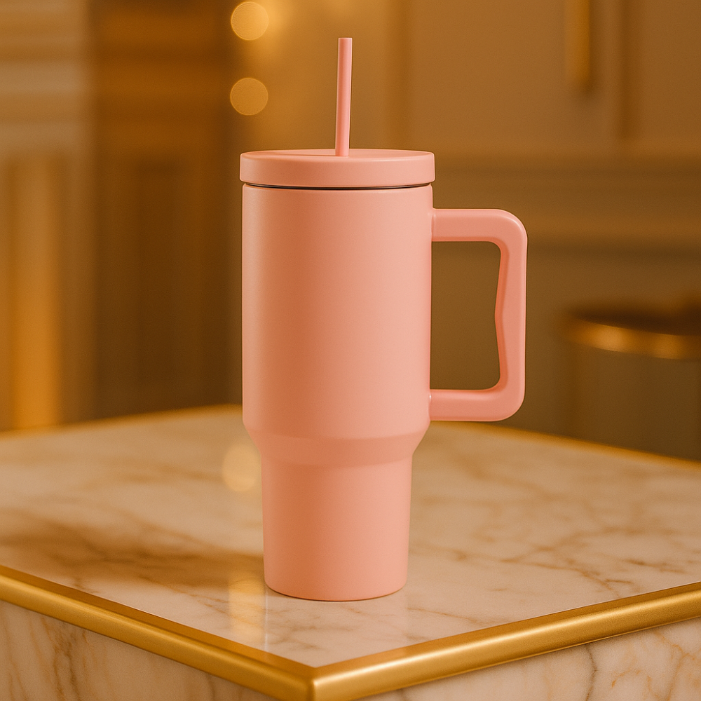 40OZ COLORFUL TUMBLER WITH HANDLE – LEAKPROOF INSULATED TRAVEL MUG - PASTEL PINK