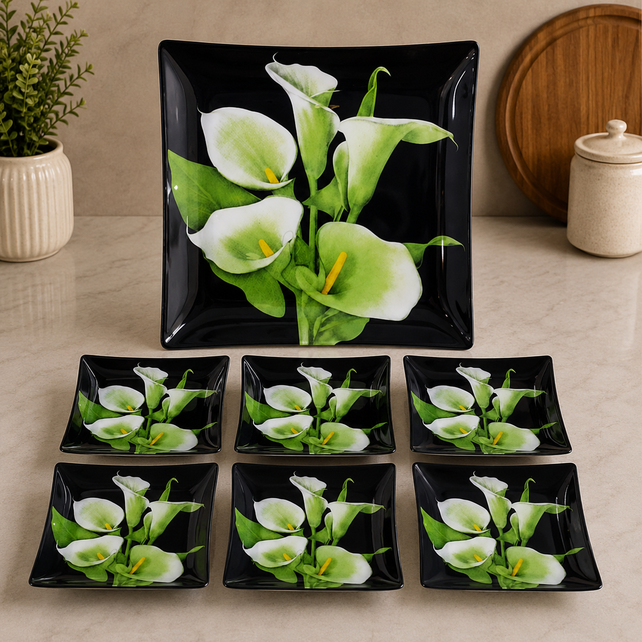 ARCOFAM BLACK CALLA LILY SQUARE SERVING 7 PIECE PLATE SET - BLACK GOLSA