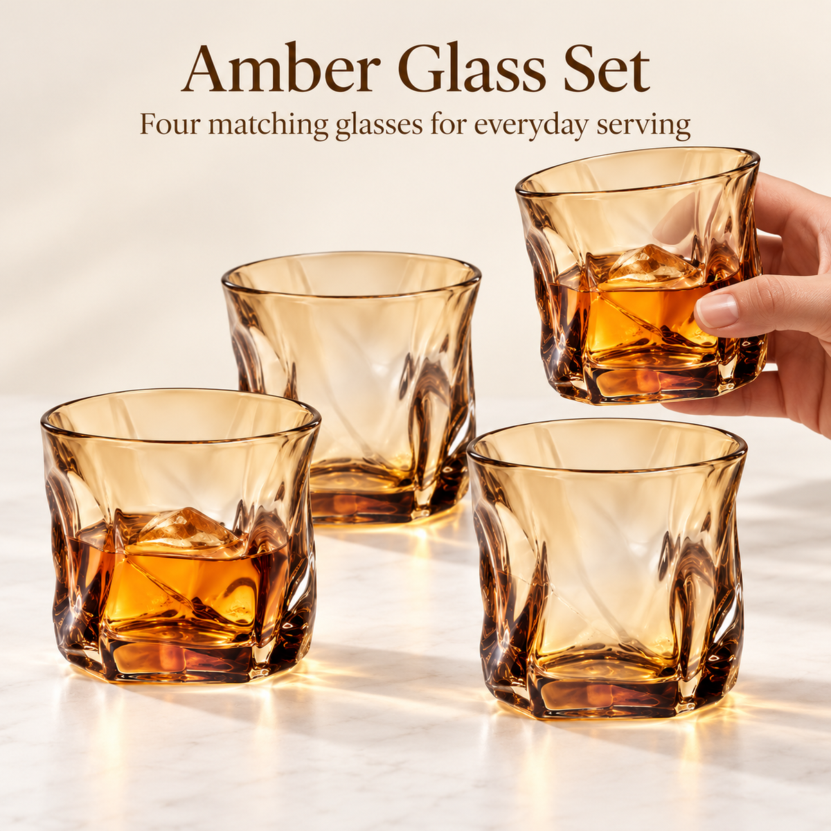 Danny Home 4 Piece Amber Faceted Glass Set - 280 ml