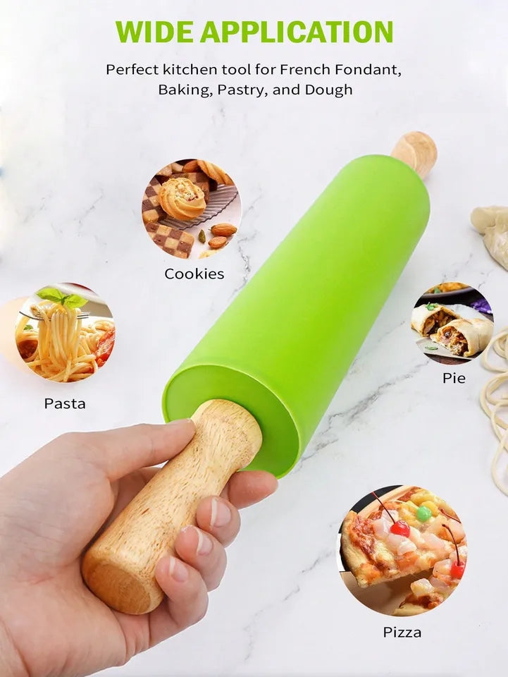 SILICONE WOODEN HANDLE ROLLING PIN