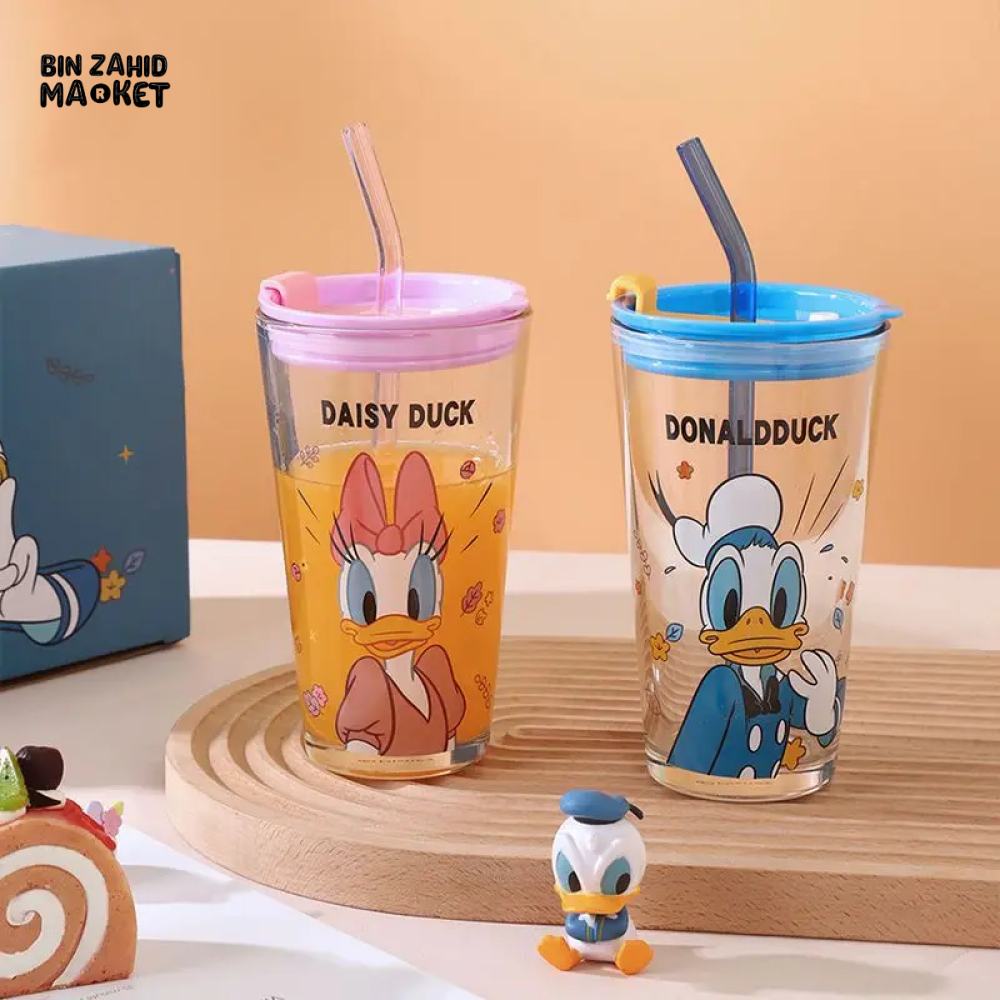 450ML DISNEY MICKEY & DAISY GLASS CUP WITH LID & STRAW - DONALD DUCK