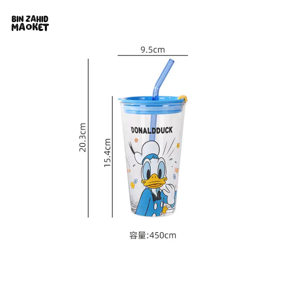 450ML DISNEY MICKEY & DAISY GLASS CUP WITH LID & STRAW - DONALD DUCK