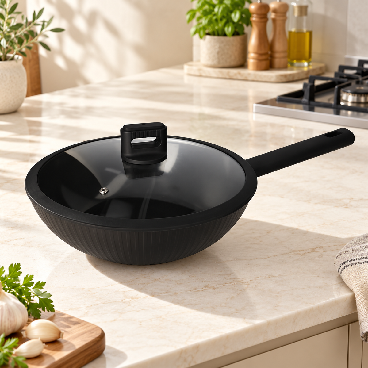Danny Home Black Wok With Glass Lid