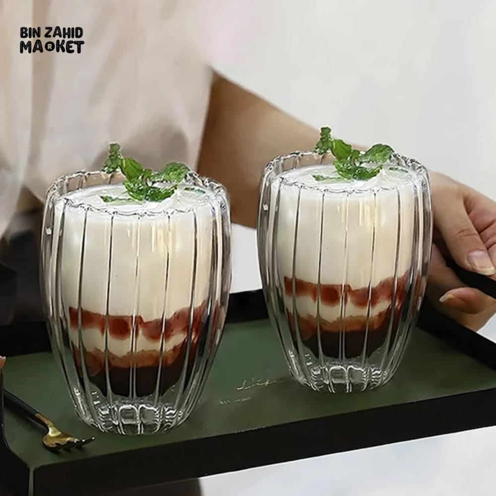 STRIPE DOUBLE WALL BOROSILICATE GLASS MUG 350ML – HEAT RESISTANT FOR TEA COFFEE JUICE