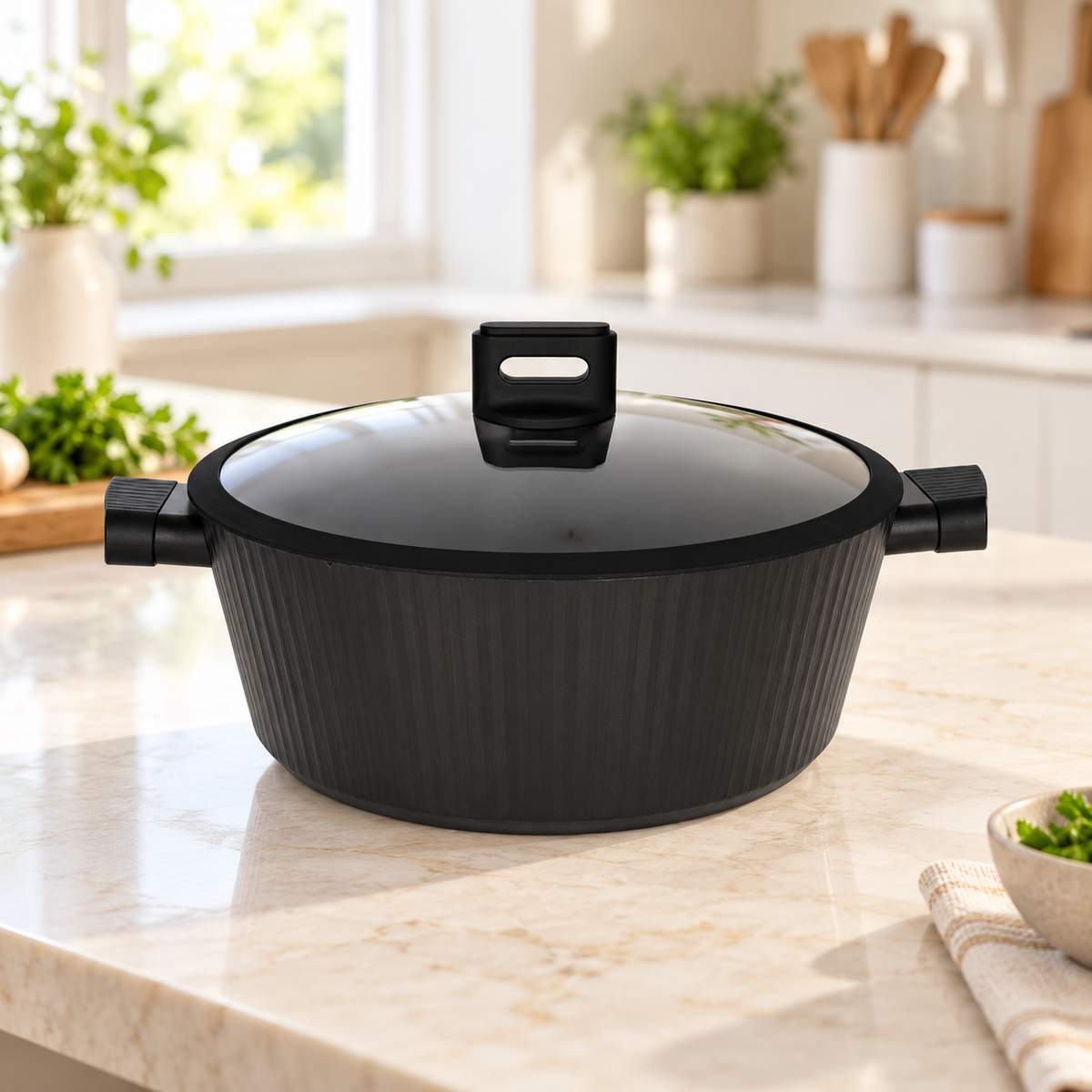 Danny Home Black Cooking Pot with Glass Lid - 20x8.5cm