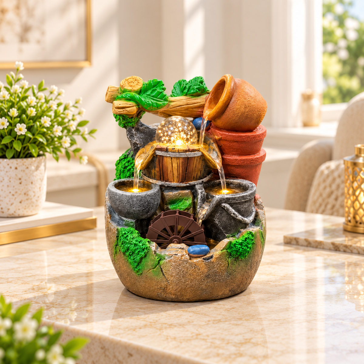 DECORATIVE TABLETOP WATER FOUNTAIN WITH LED LIGHT & WATER WHEEL