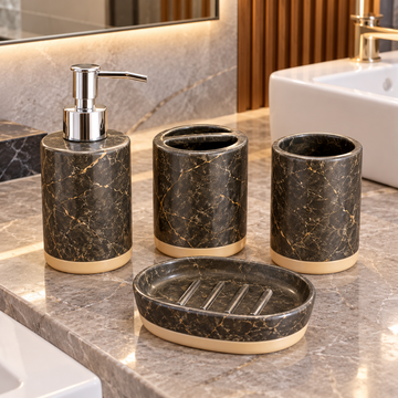 BLACK & GOLD MARBLE DESIGN BATHROOM ACCESSORY SET