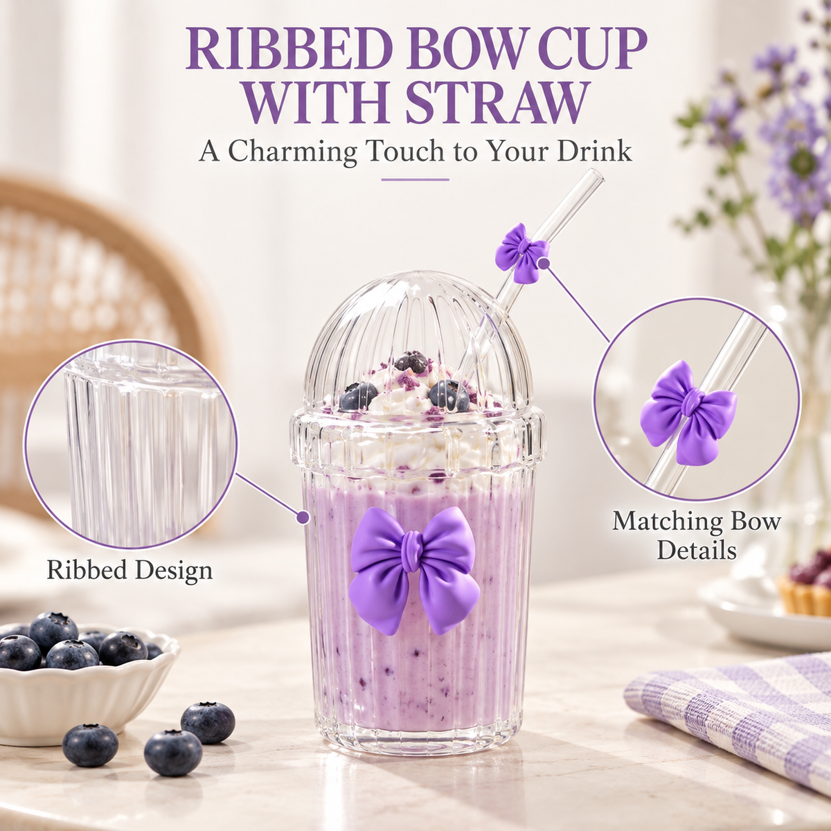 Glasslux Ribbed Pookie Bow Dome Cup With Straw - Purple / 400 ml