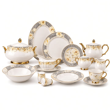 Johnson Bros Inspired Yellow Floral Pattern Grey Borders & Gold Trims Bone China Dinner Set