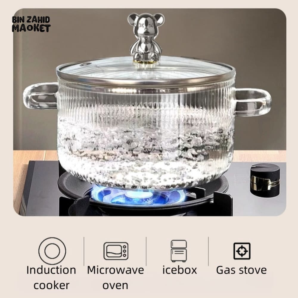 HEAT-RESISTANT 2 LITRE GLASS COOKING POT WITH LID BOROSILICATE GLASS FOR SOUP MILK & NOODLES