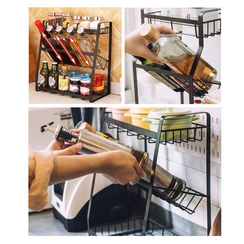 3 TIER SPICE RACK KITCHEN STORAGE SHELF METAL WITH GUARDRAIL