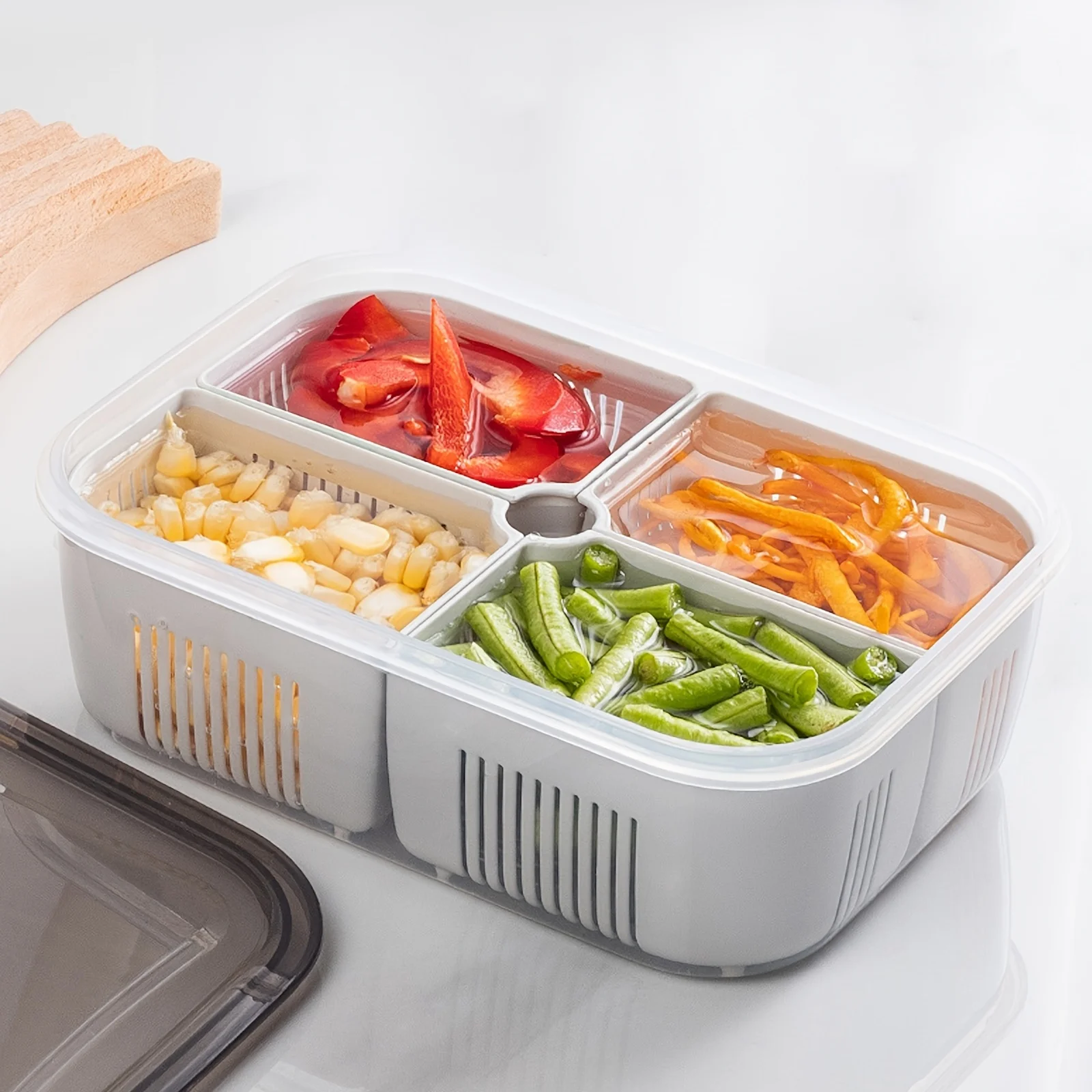 FRIDGE ORGANIZER, DIVIDED VEGETABLE & MEAT BOX, FOOD-GRADE, MICROWAVEABLE.