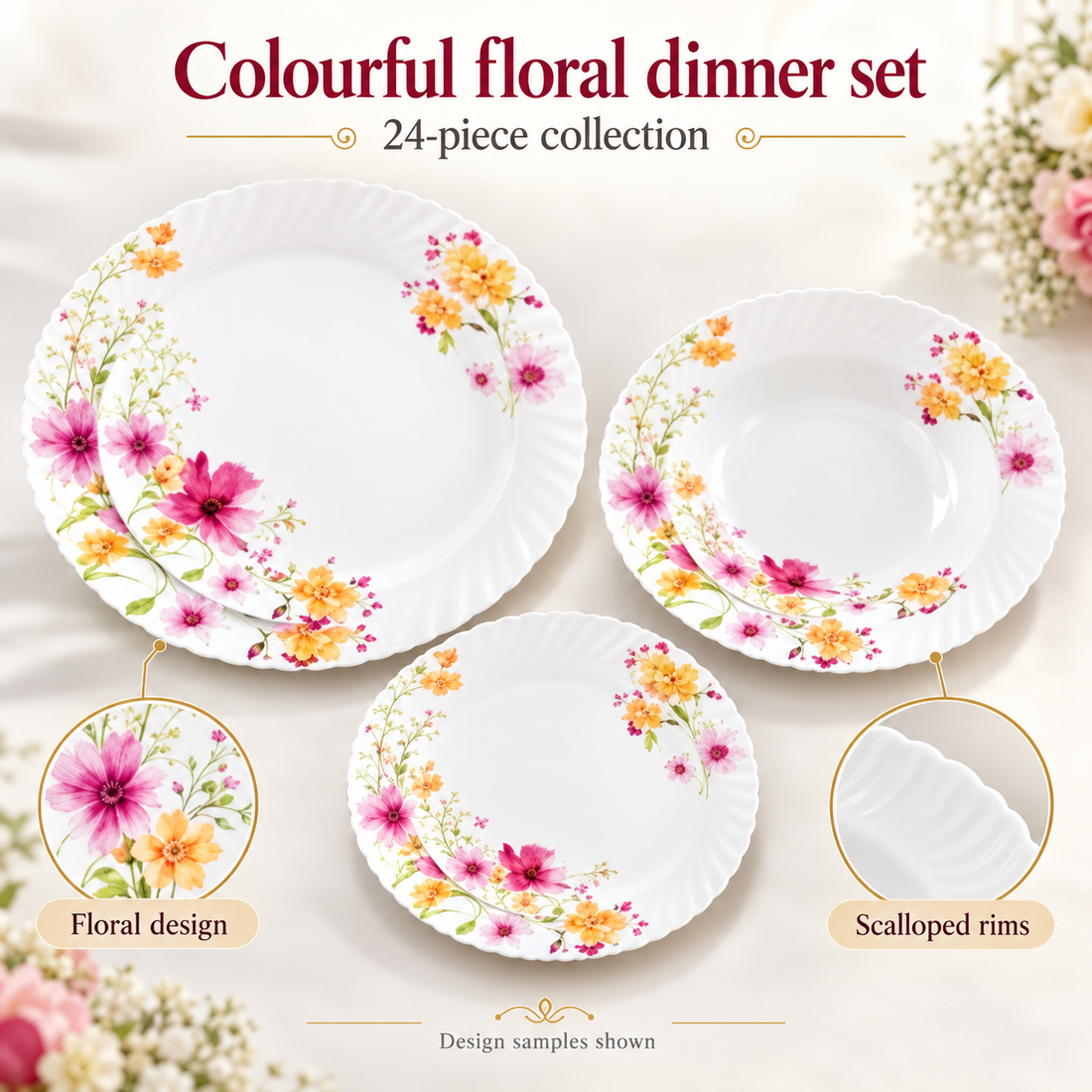 Danny Home 24-Piece Colourful Floral Dinner Set