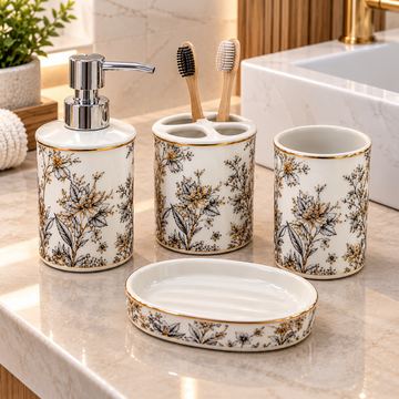 WHITE & GOLD FLORAL DESIGN CERAMIC BATHROOM ACCESSORY SET