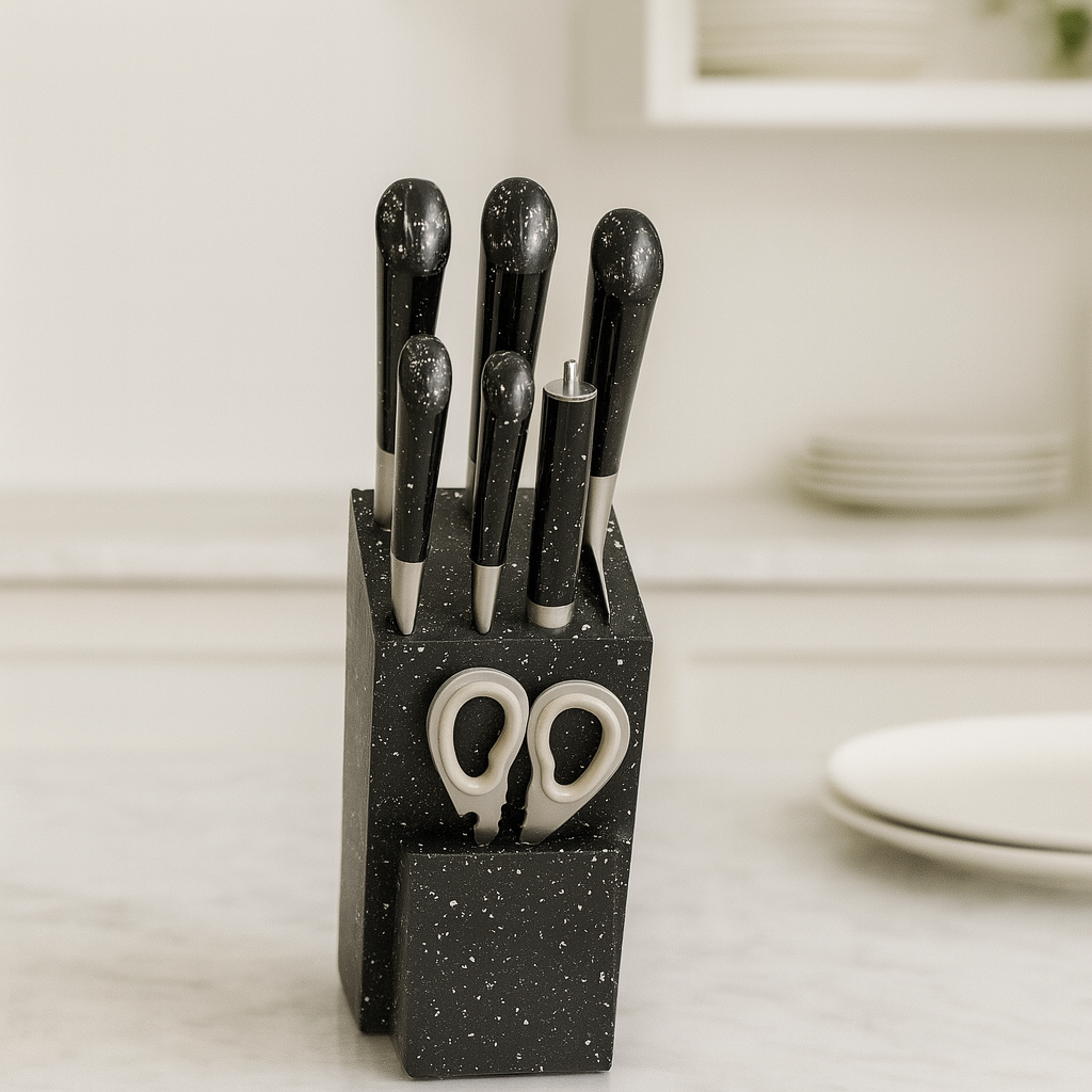 7-PIECE Professional Knife Set – Durable Steel, Easy-Clean Speckled Block - Black