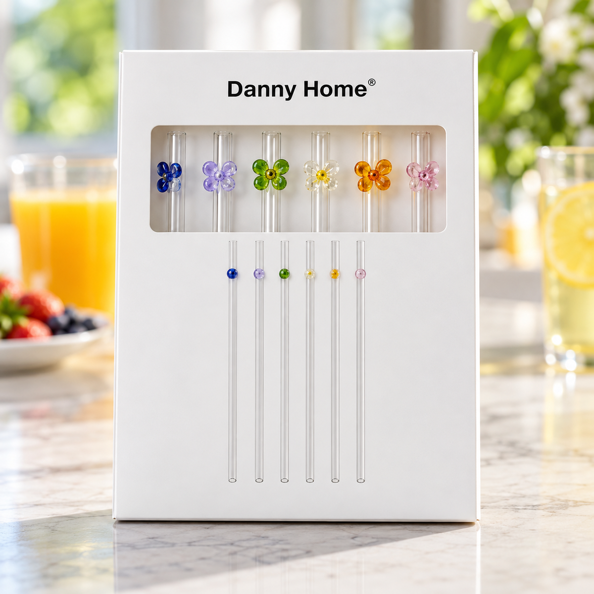 Danny Home 7 Piece Floral Glass Straw Set