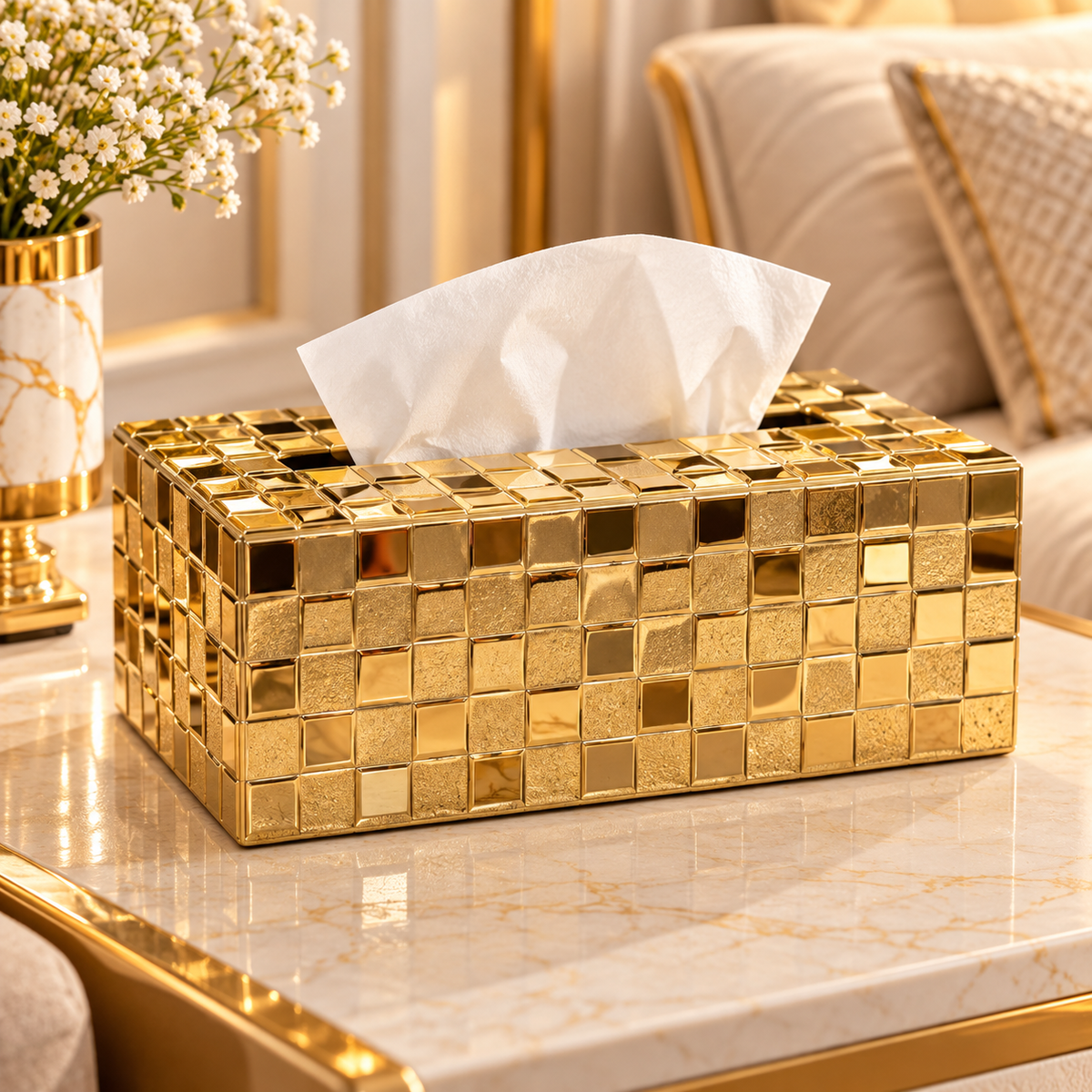 GOLDEN MOSAIC DESIGN LUXURY RECTANGULAR TISSUE BOX