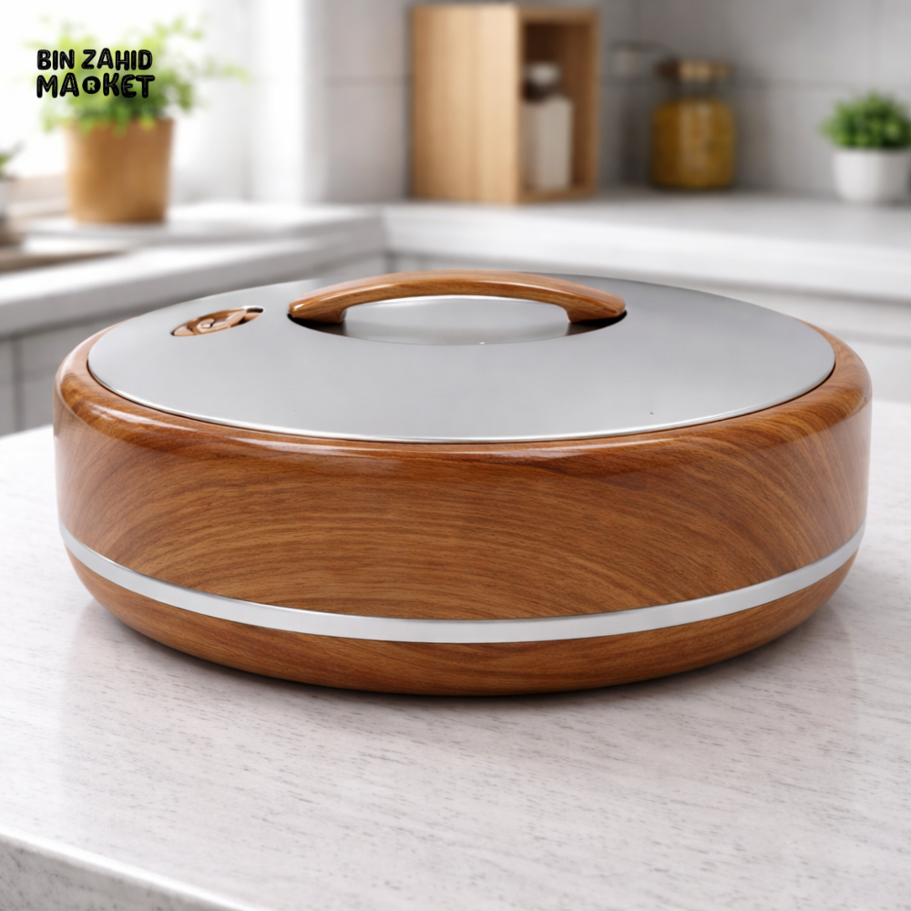 4L PREMIUM ROUND INSULATED HOT POT CASSEROLE – STAINLESS STEEL INNER WITH SILVER LID & WOOD FINISH BODY – THERMAL FOOD