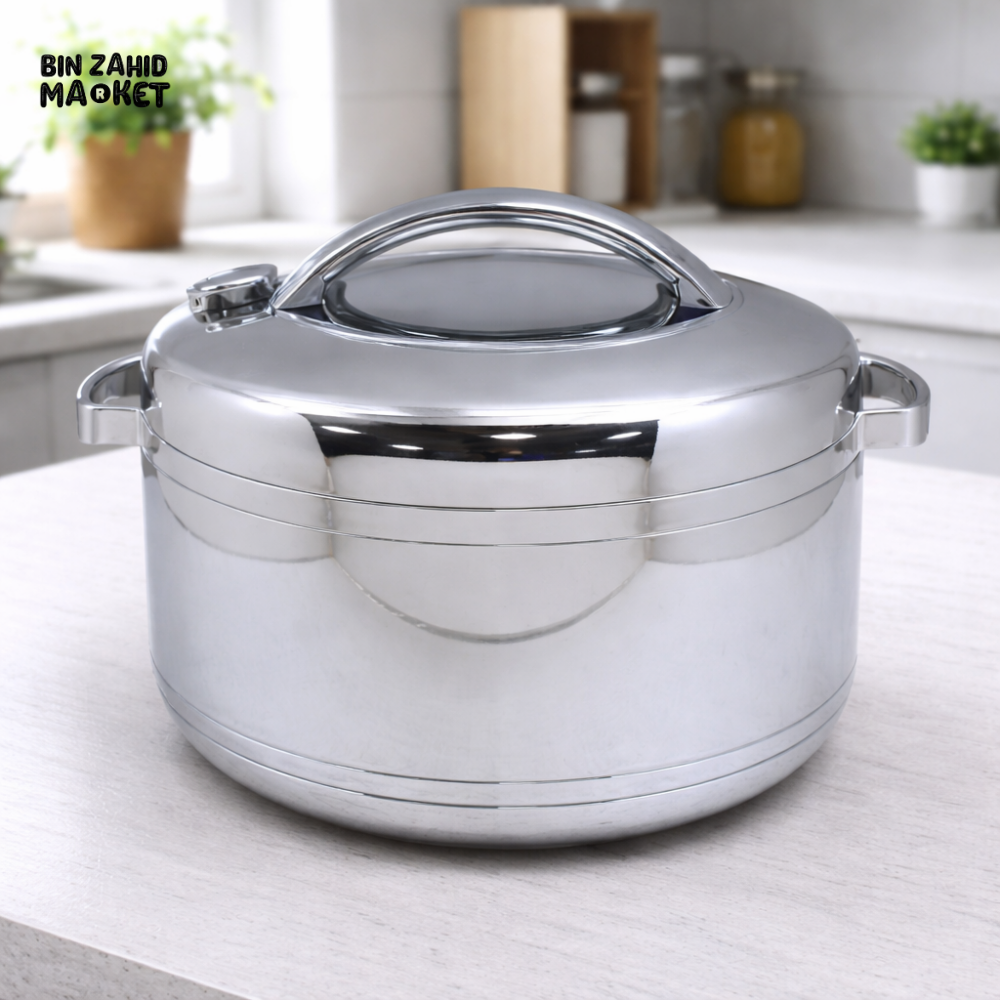 4L ROYAL SILVER STAINLESS STEEL INSULATED HOT POT CASSEROLE – DOUBLE WALL THERMAL FOOD WARMER WITH HANDLE & SIDE GRIPS